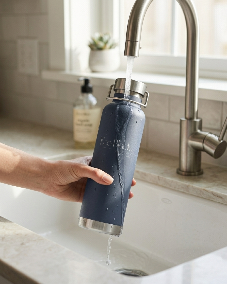Person filling a blue water bottle with running water from a kitchen faucet.