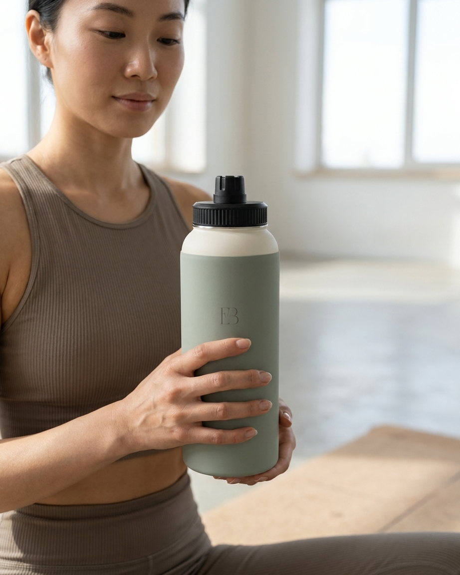 Sage insulated stainless steel water bottle with black threaded lid, held in hand