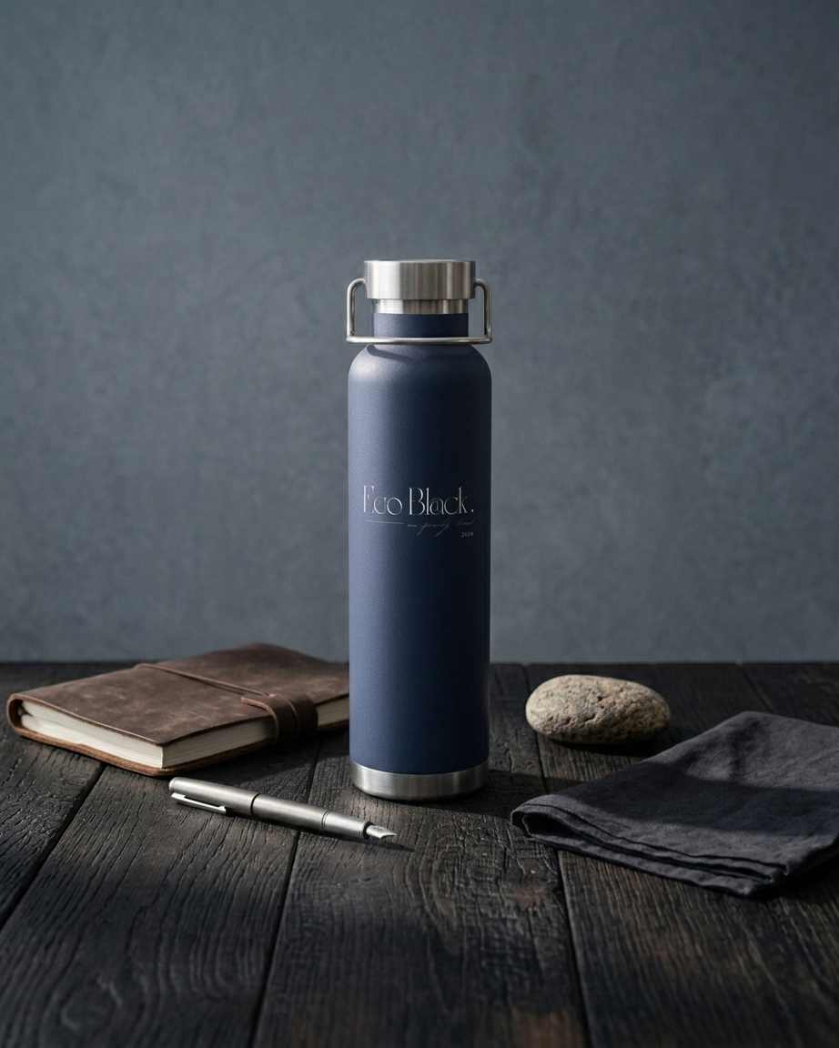 Blue insulated bottle with 'Frooth' branding on a wooden surface with a notebook and pen.