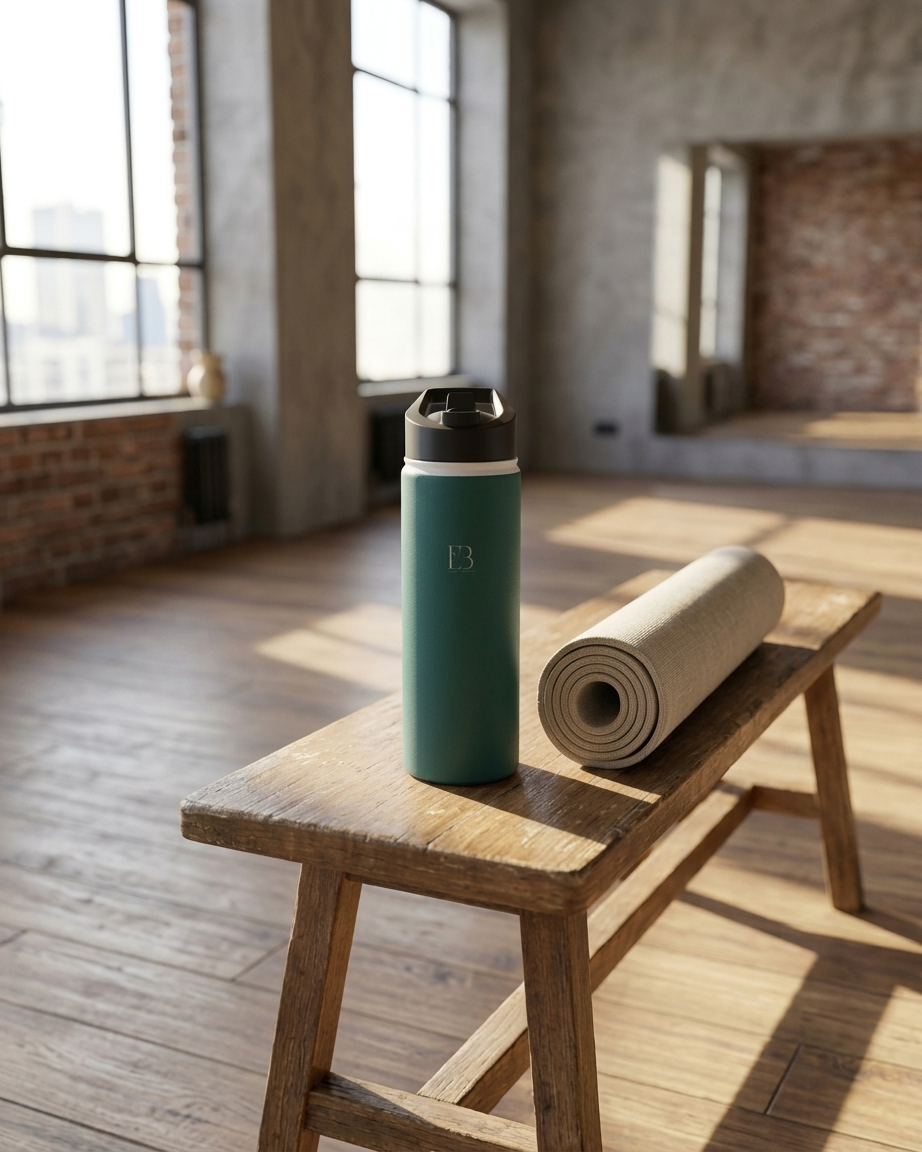 A teal insulated water bottle with a black lid and a rolled beige yoga mat resting on a rustic wooden bench in a sunlit, empty studio room.