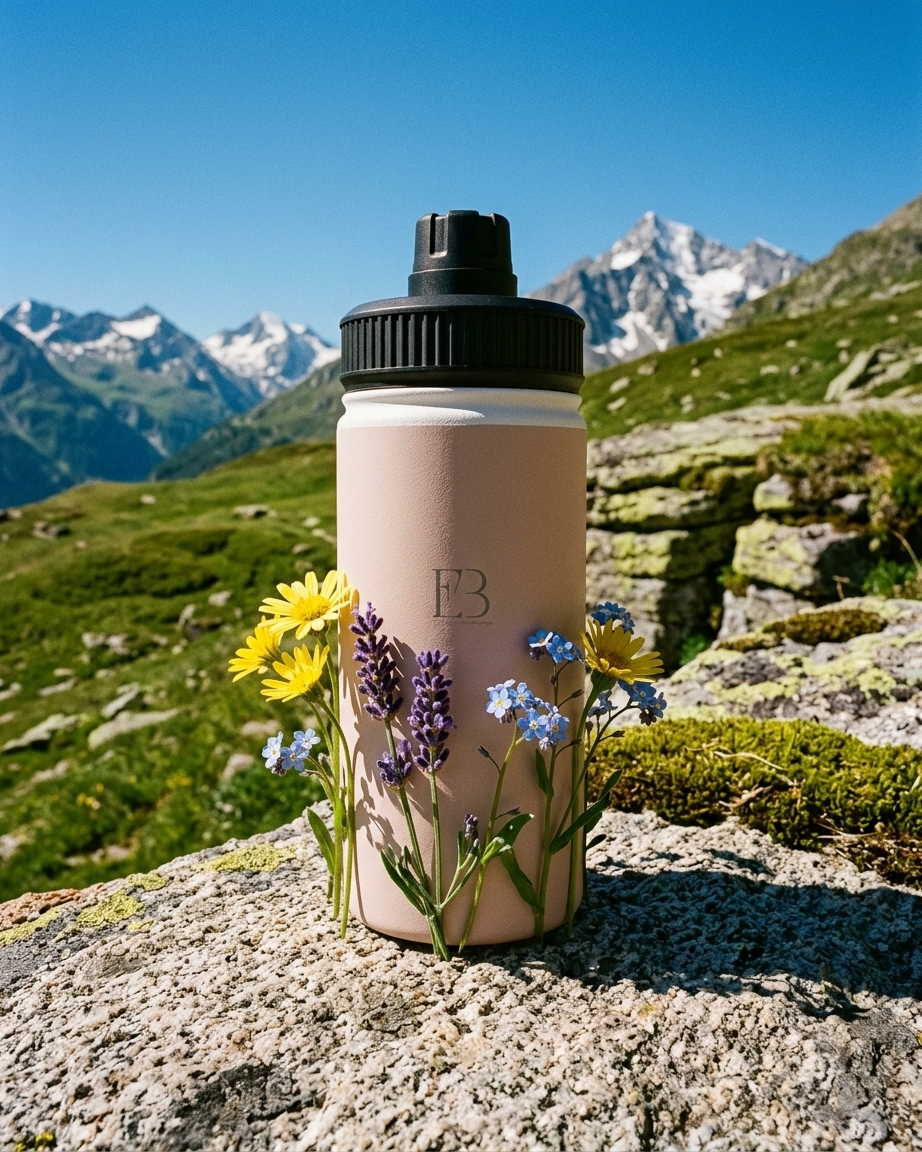 A beige insulated water bottle with a black lid stands on a rocky mountain surface, surrounded by yellow, purple, and blue wildflowers. Snow-capped mountains and a blue sky are visible in the background.