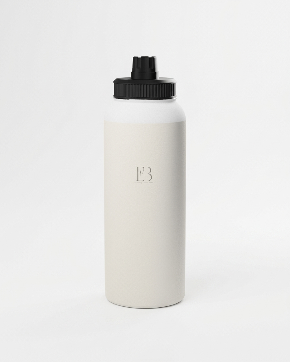 A matte off-white insulated water bottle with a black screw cap, featuring a subtle embossed 'EB' monogram on the front, set against a clean white background.