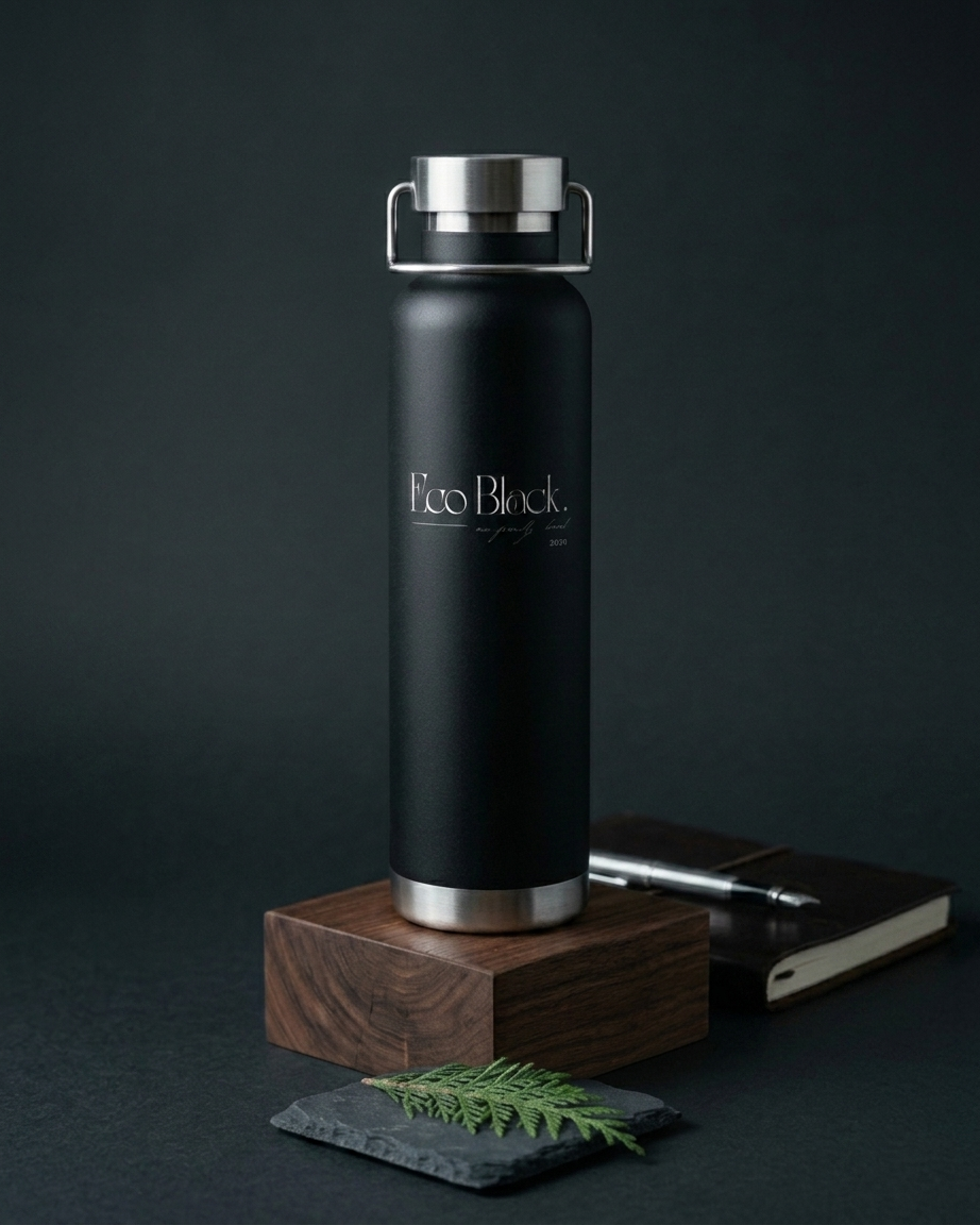 Black insulated water bottle with silver cap on a dark background