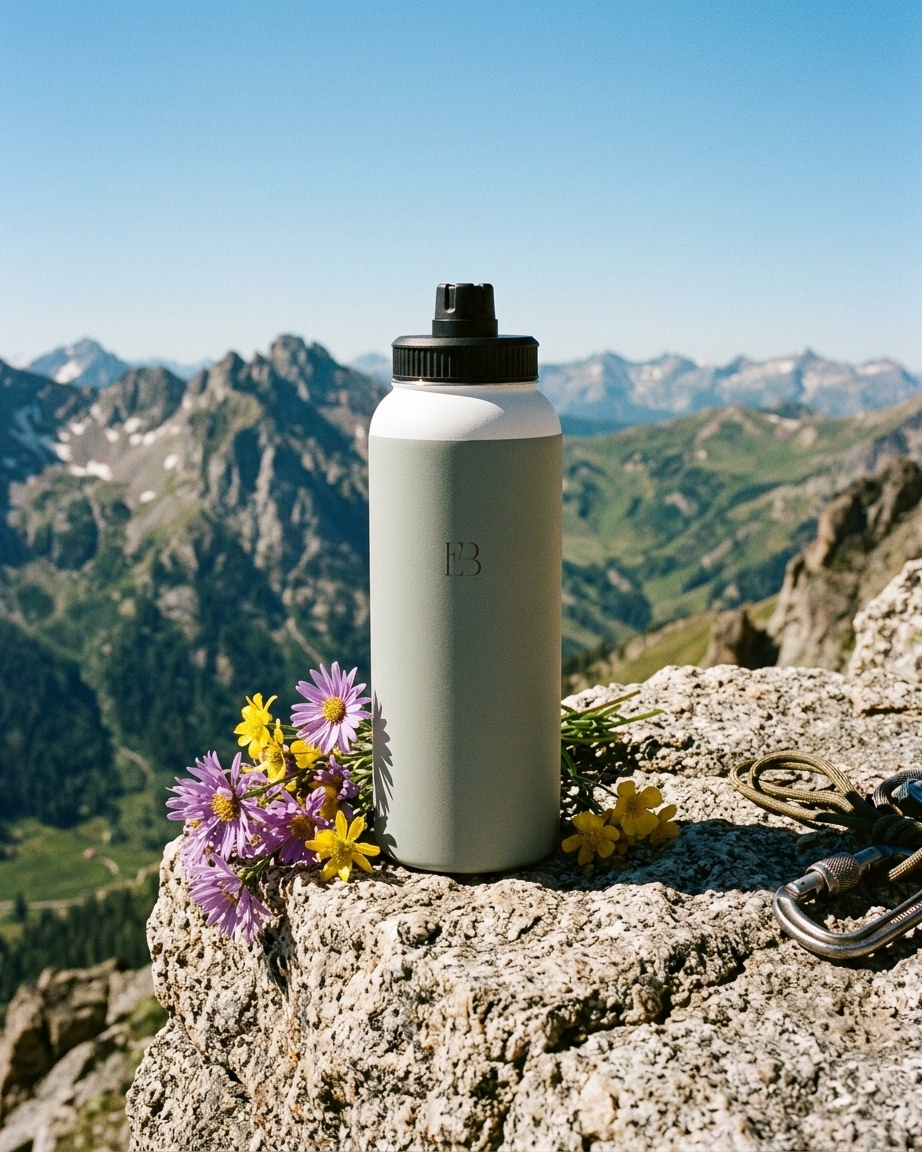 Sage insulated stainless steel water bottle with black threaded lid, on rocky viewpoint