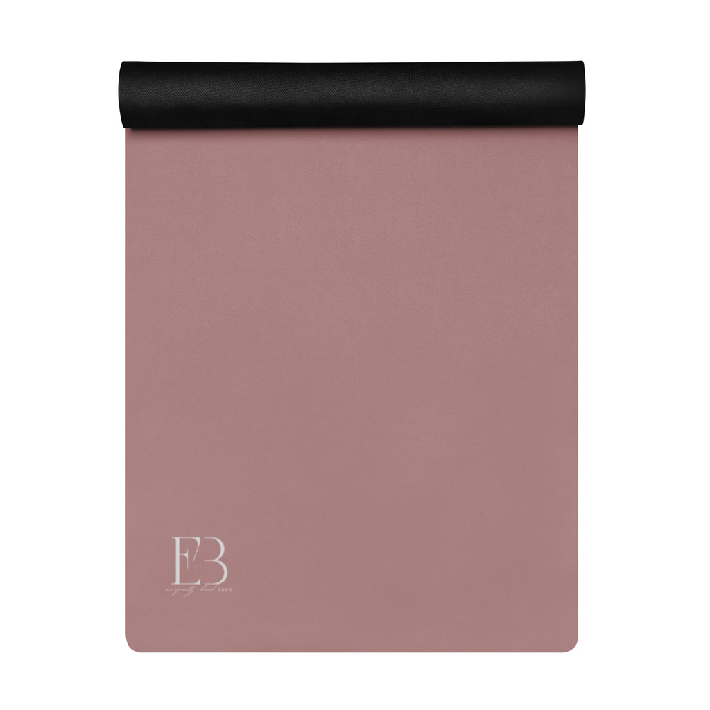 Clay pink performance yoga mat with EB3 logo and black rolled edge