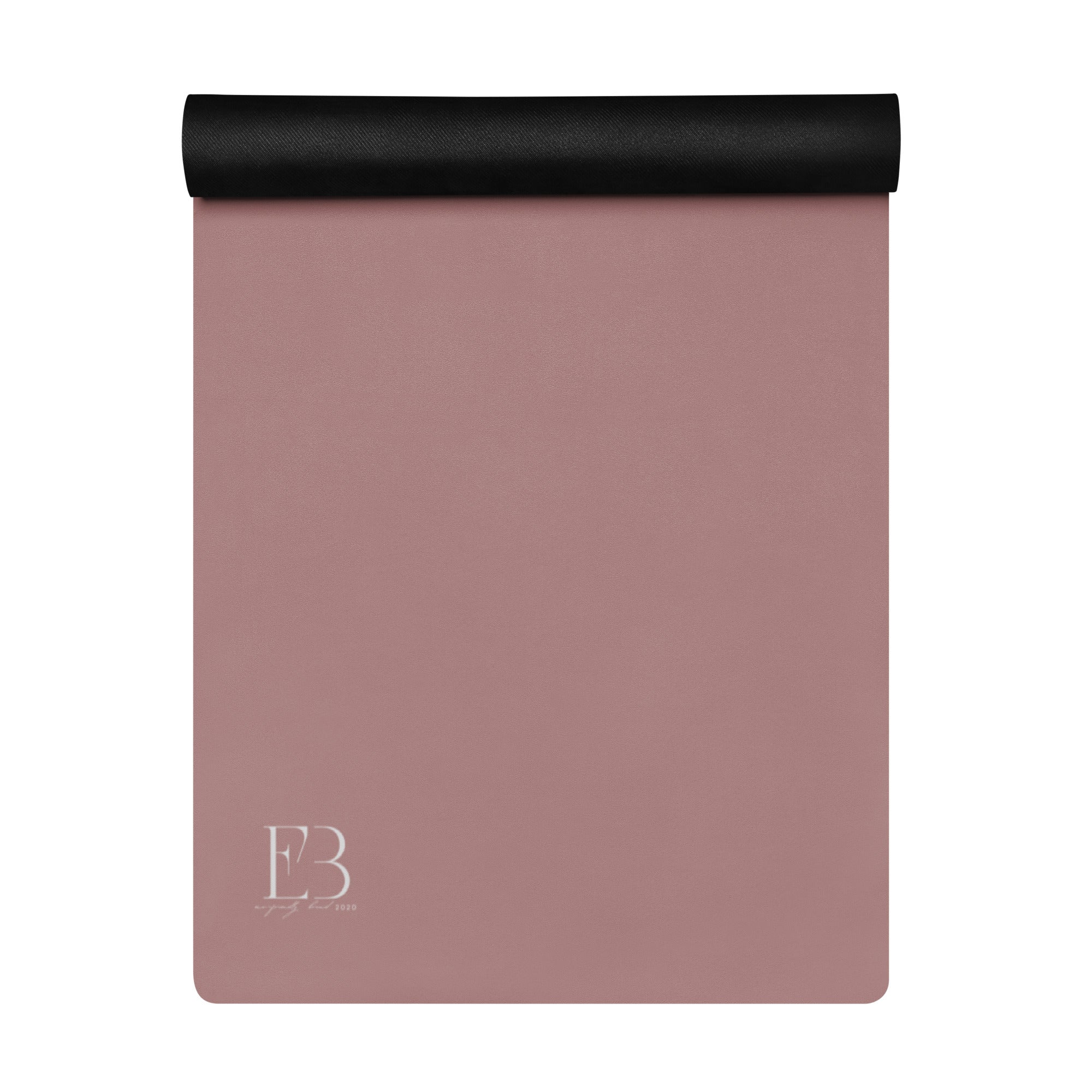 Clay pink performance yoga mat with EB3 logo and black rolled edge