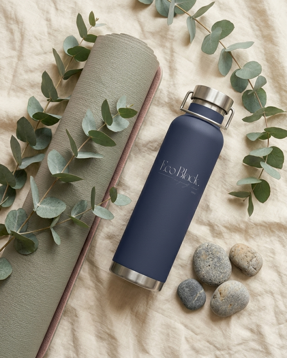 Navy blue water bottle with silver cap on a beige surface with eucalyptus leaves and stones.