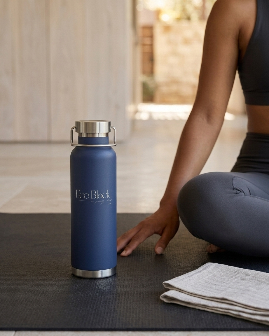 Blue water bottle with silver cap on a yoga mat, person sitting in the background