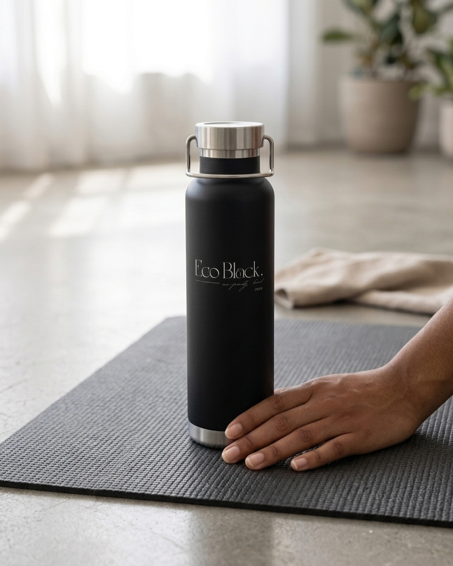 Black insulated bottle with silver cap on a yoga mat, hand holding it, indoor setting.