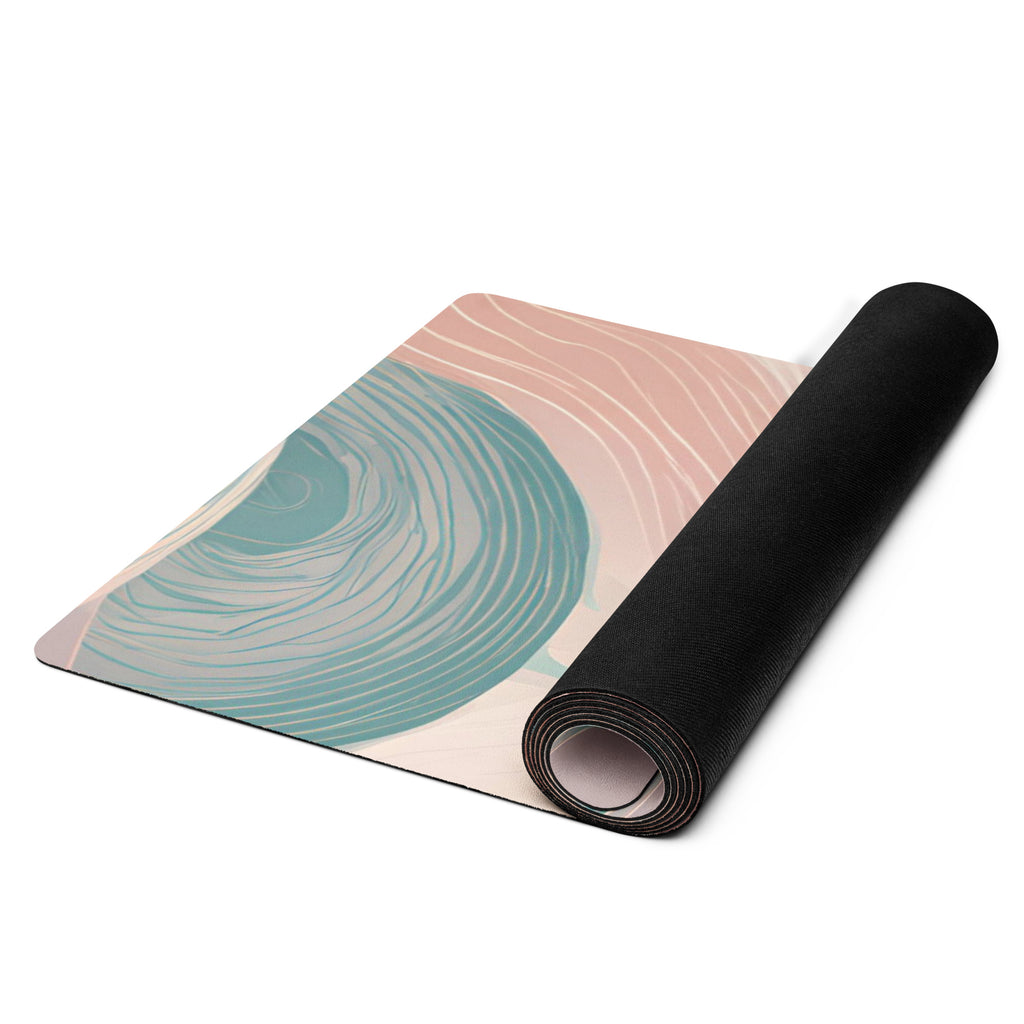 Natural rubber yoga mat rolled up with black carrying strap