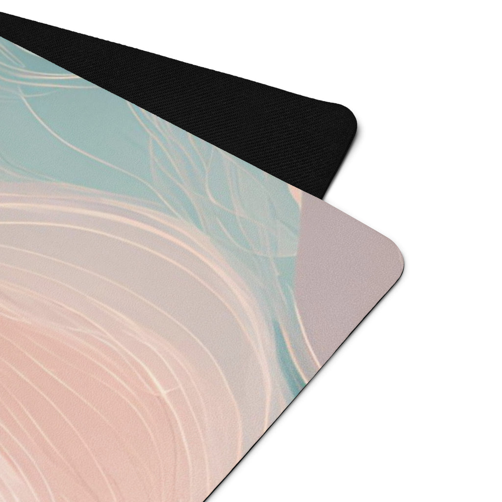 Yoga mat corner with pastel swirl print and black textured edge