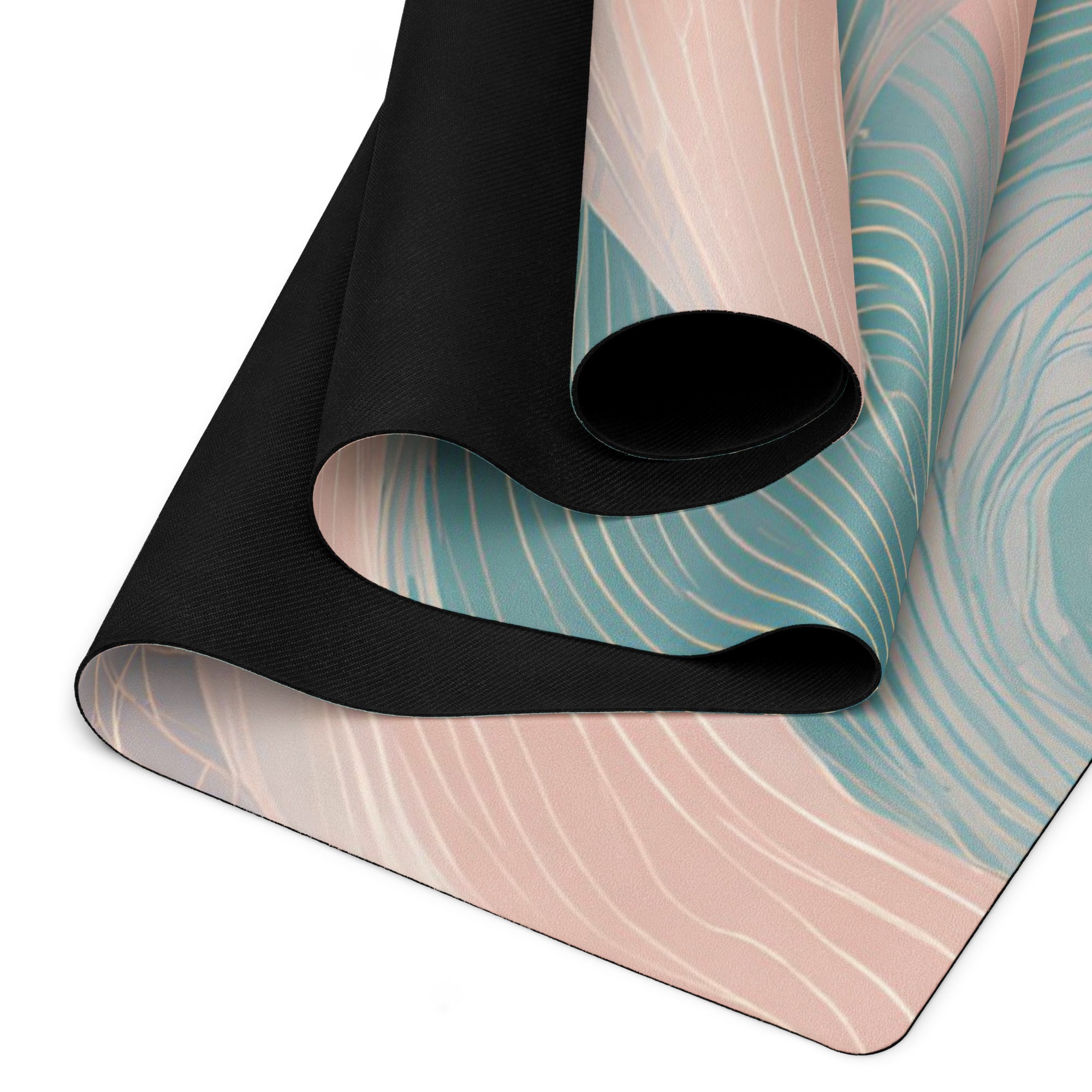 Performance yoga mat with pastel wave print and black rolled edge
