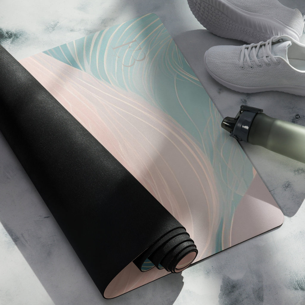 Natural rubber yoga mat with pastel teal and pink swirl print and matching strap