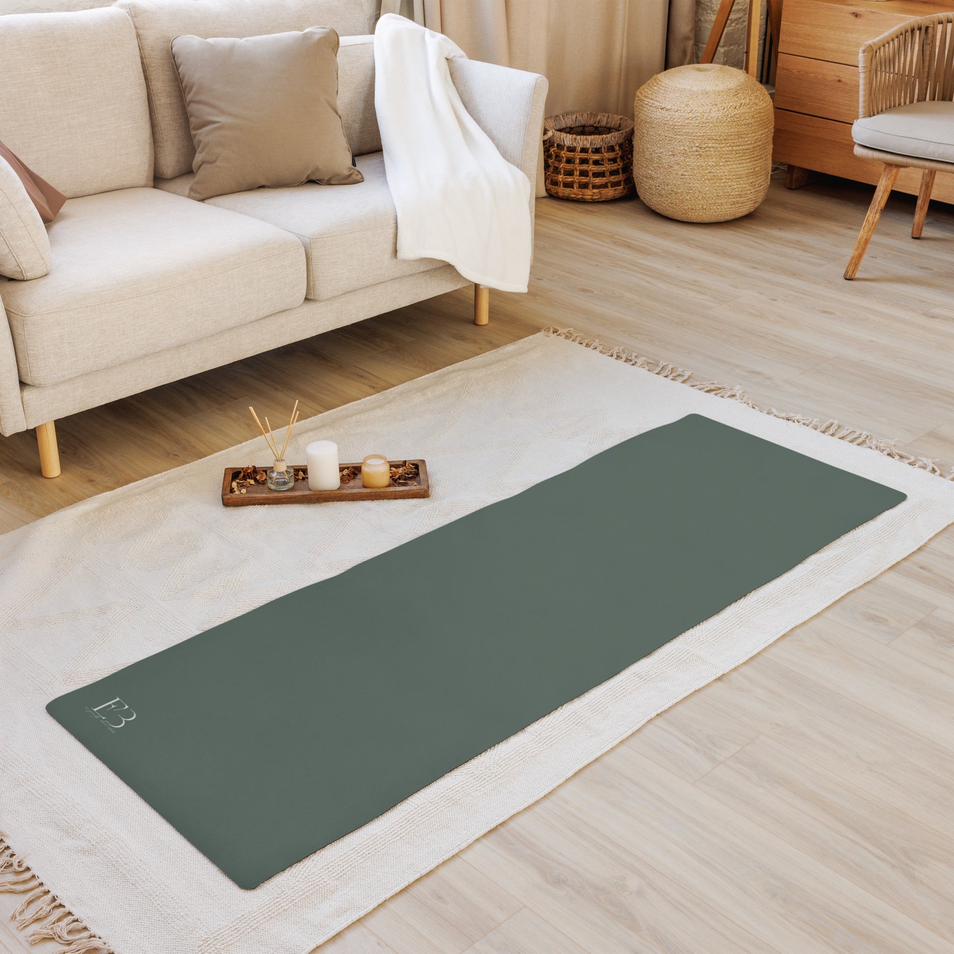 Solid Cypress performance yoga mat with solid neutral aesthetic
