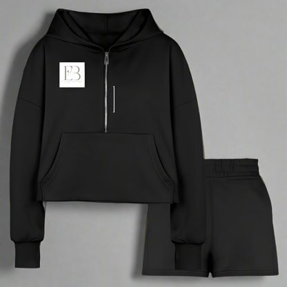 Women’s Cropped Hoodie & Jogger Short Set - black
