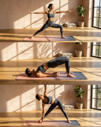 Purple yoga mats laid on wooden floor during yoga poses