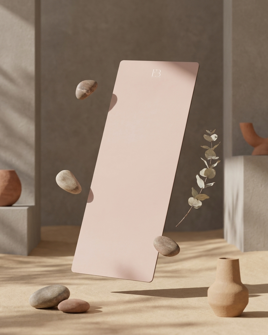 Blush pink yoga mat with white floral accent and black edge