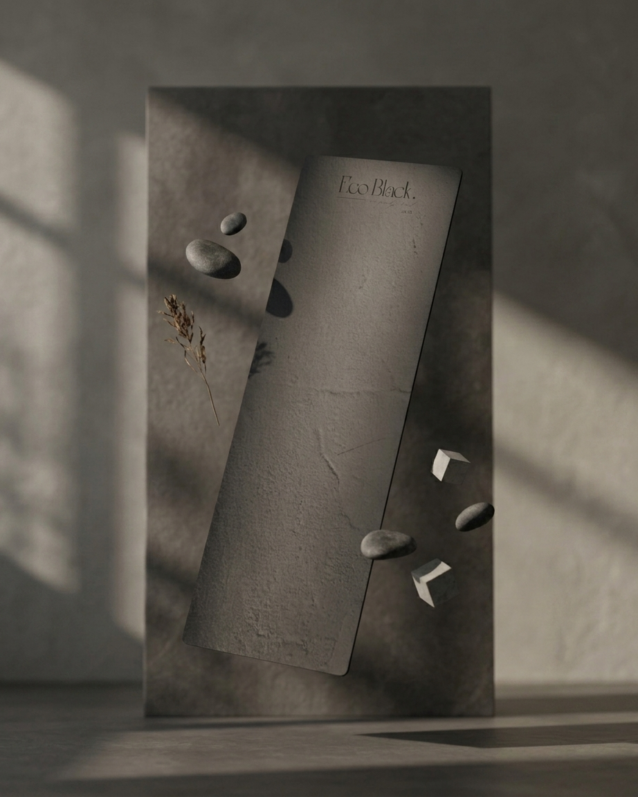 Dark gray EcoBlack yoga mat shown in packaging, logo and branding visible