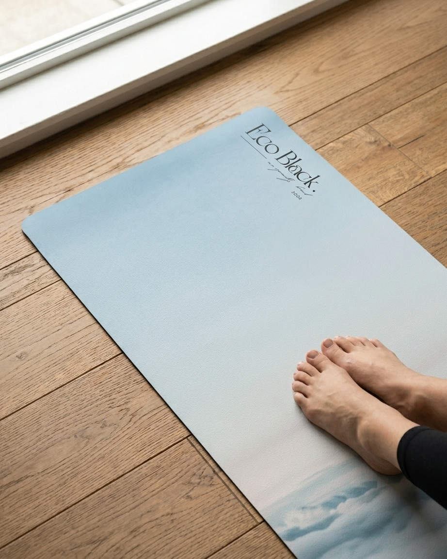 Light blue cloud-printed yoga mat on wood floor; hands smoothing surface