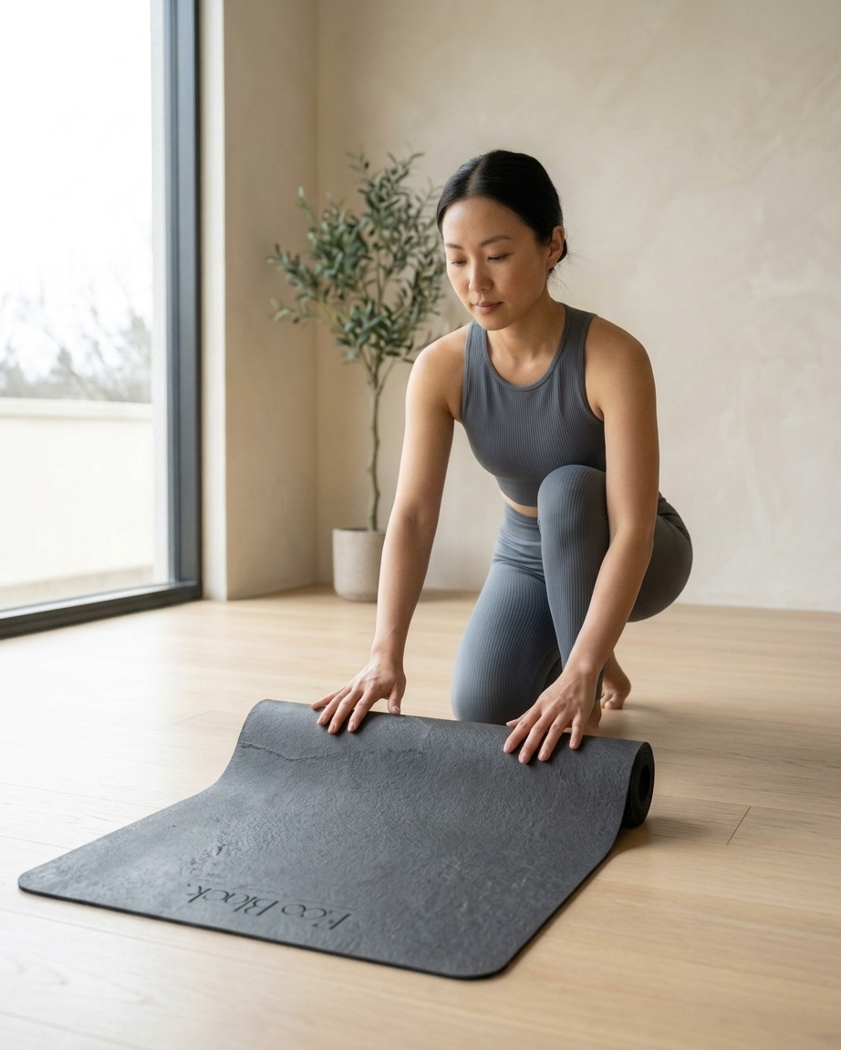 Dark gray yoga mat unrolled on wooden floor, printed logo near center