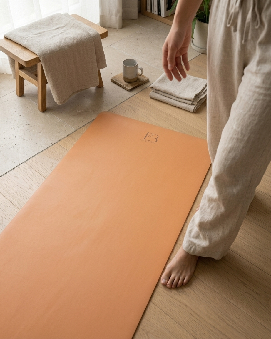 Golden yoga mat being unrolled on a wooden floor, showing E3 logo