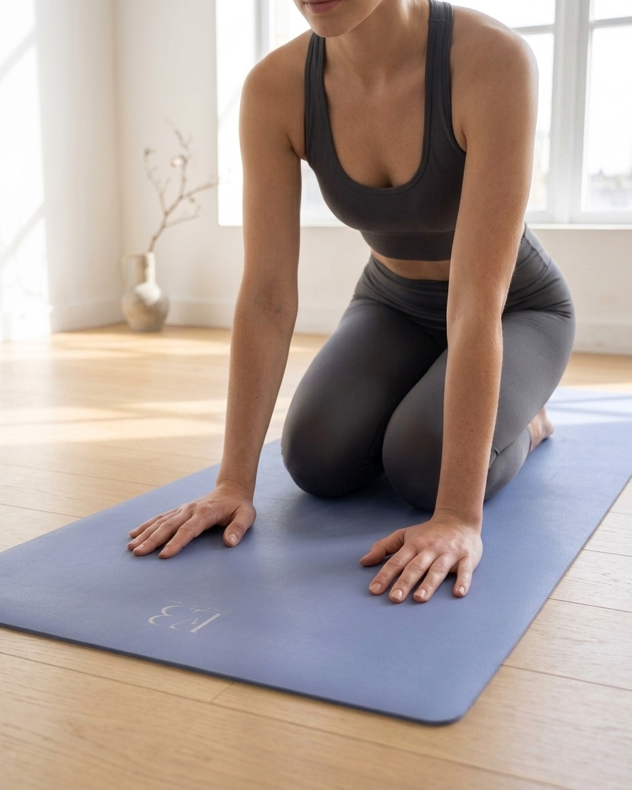 Pale iris natural rubber yoga mat in use during a kneeling stretch