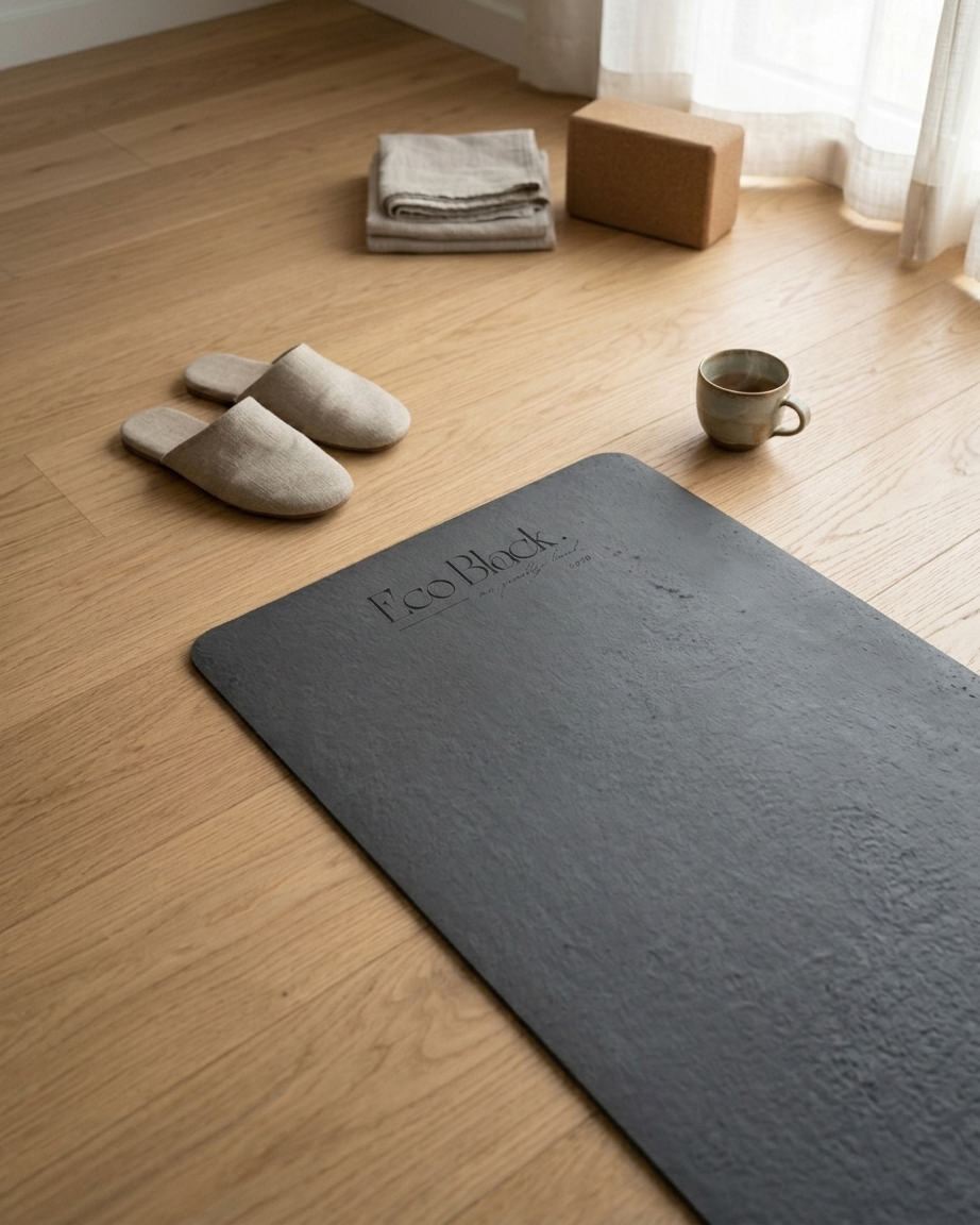 Charcoal yoga mat with EcoBlack logo, laid flat on wooden floor
