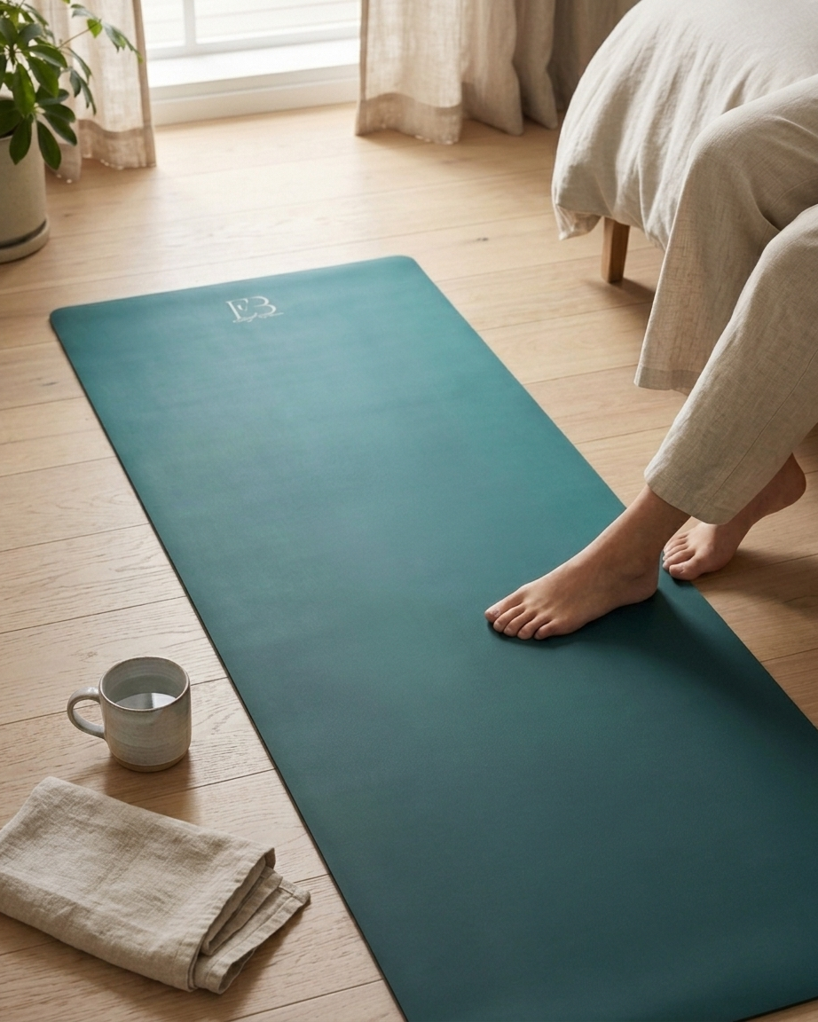 Deep teal yoga mat with B3 logo; hands pressing mat for stability