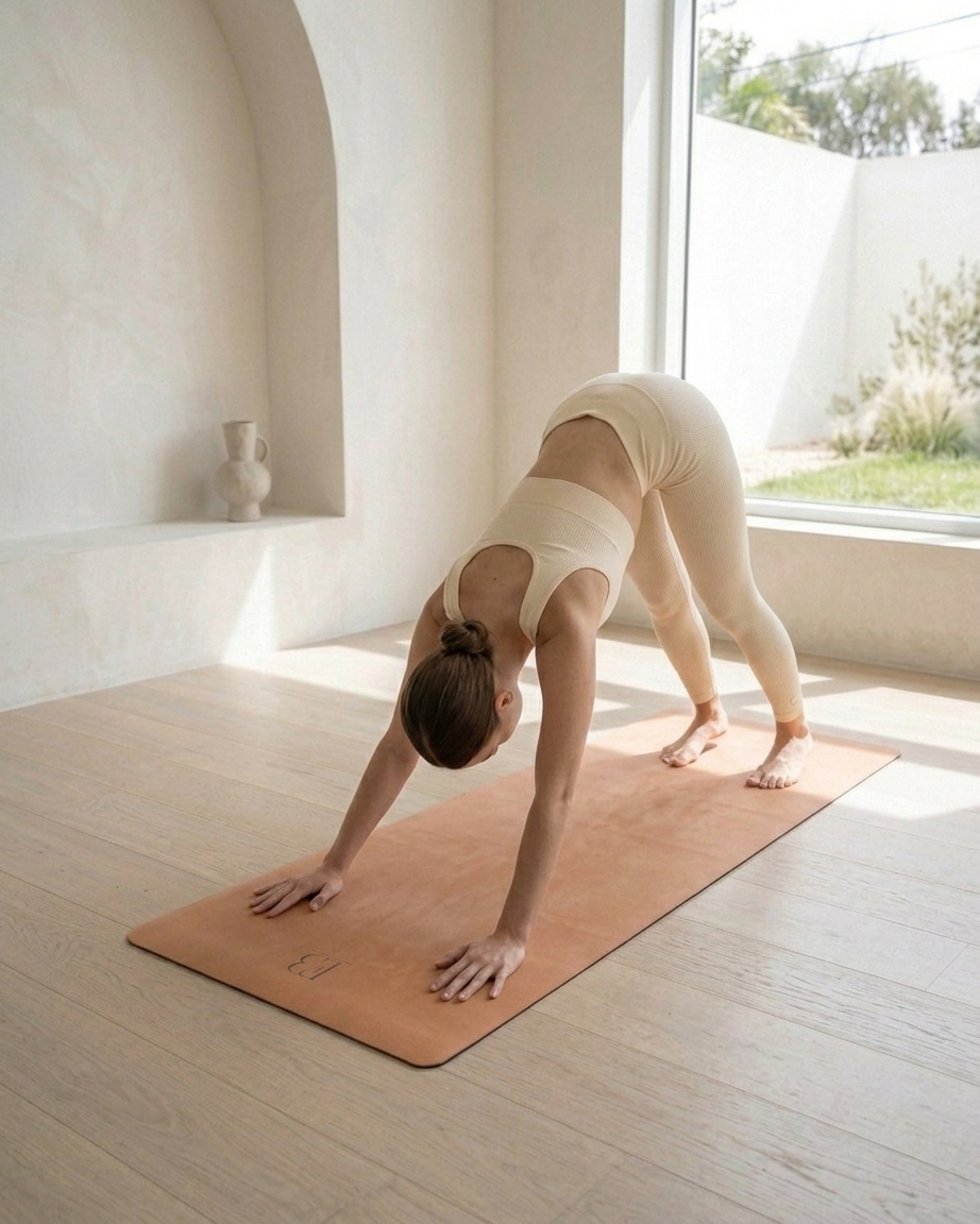 Golden yoga mat used for a hands-and-knees pose