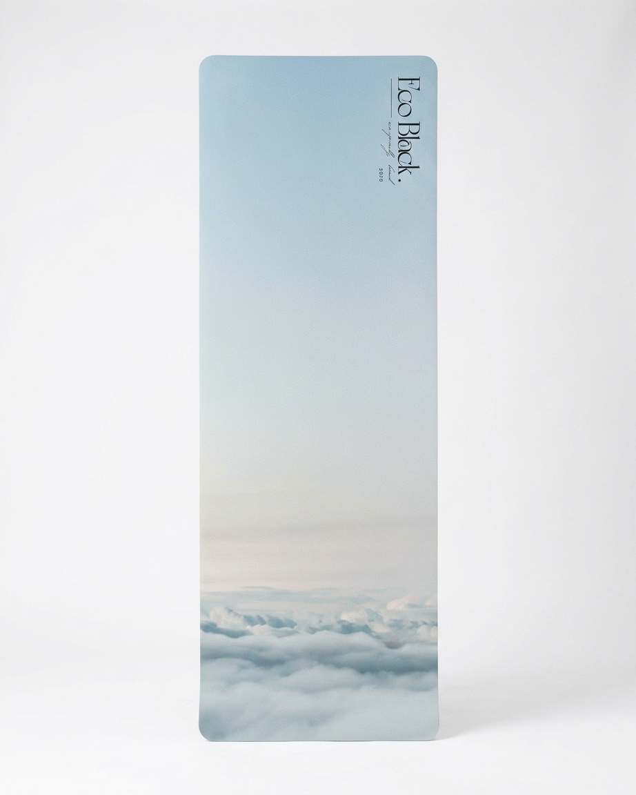 Light blue cloud-pattern yoga mat standing upright
