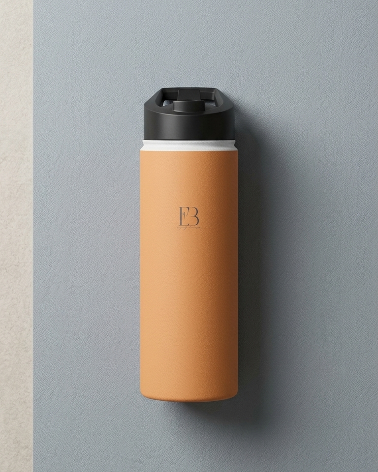 Amber insulated stainless steel water bottle on wall, black top with B3 monogram