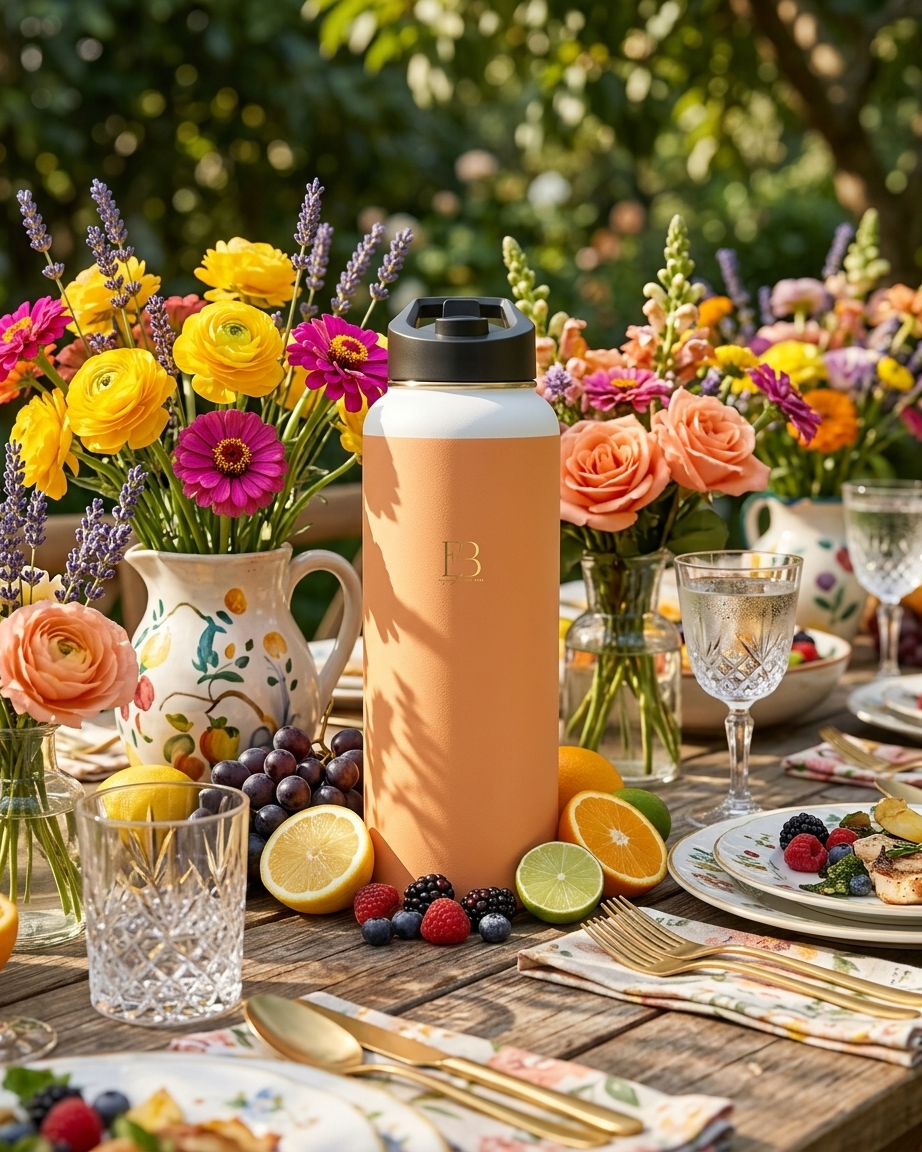 Amber insulated stainless steel water bottle with black leakproof lid and B3 logo