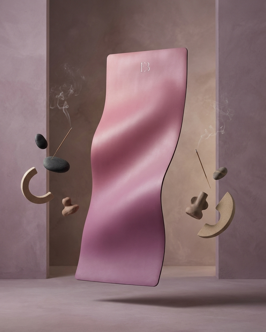 Rose Orchid natural rubber yoga mat, rose-pink folded for display with B3 logo.