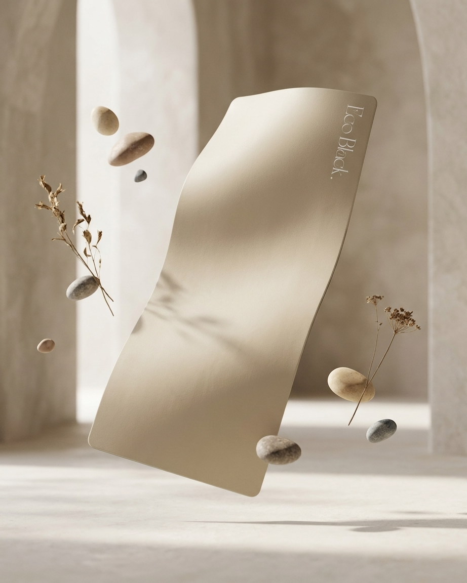 A beige yoga mat floating in a minimalist, warm-toned studio setting with soft shadows and decorative stones and dried plants around it. The brand name 'Yeo Flex' is printed vertically on the top right corner of the mat.