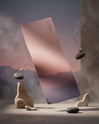 Yoga mat with mauve-to-purple gradient and logo on surface