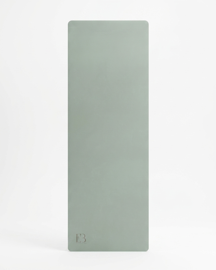 Sage green yoga mat, rectangular design with E3 logo