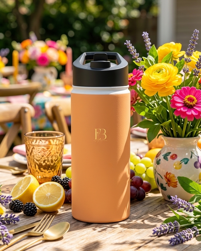 Amber insulated stainless steel water bottle standing with black lid and B3 logo