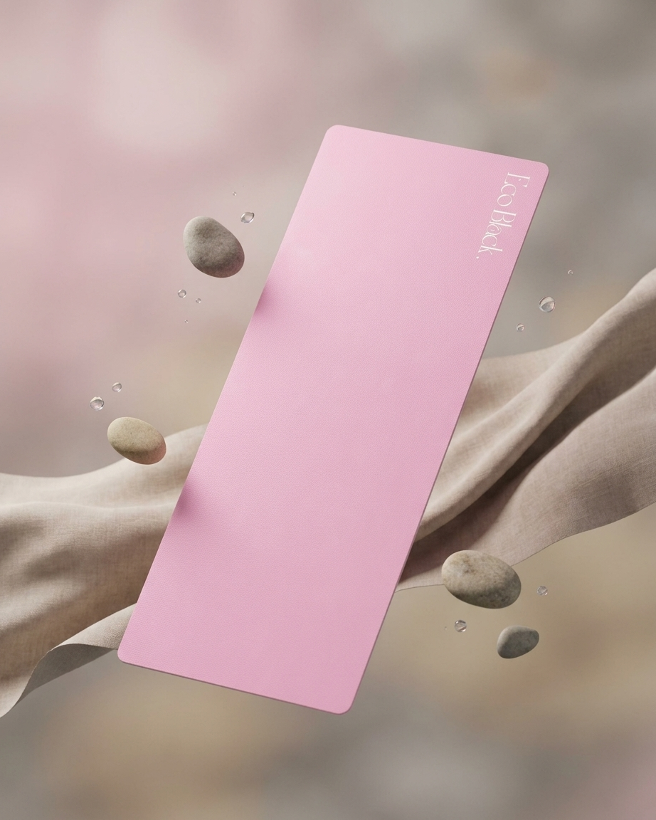 A pink rectangular yoga mat with the brand name 'Yasmani' printed in white near the top right corner, floating diagonally between draped beige fabric and floating smooth stones against a soft, blurred pink background.