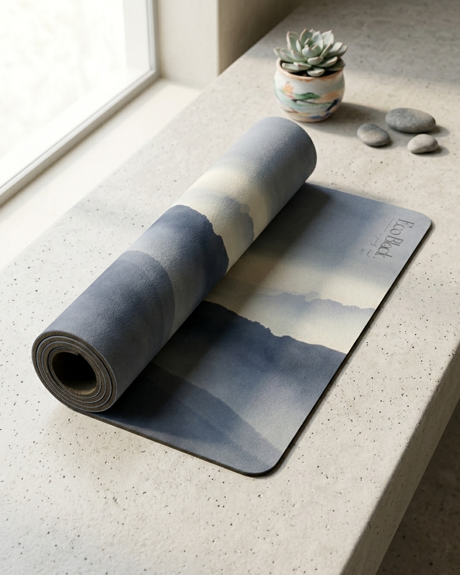 Yoga mat rolled on ledge, blue-gray with mountain landscape print