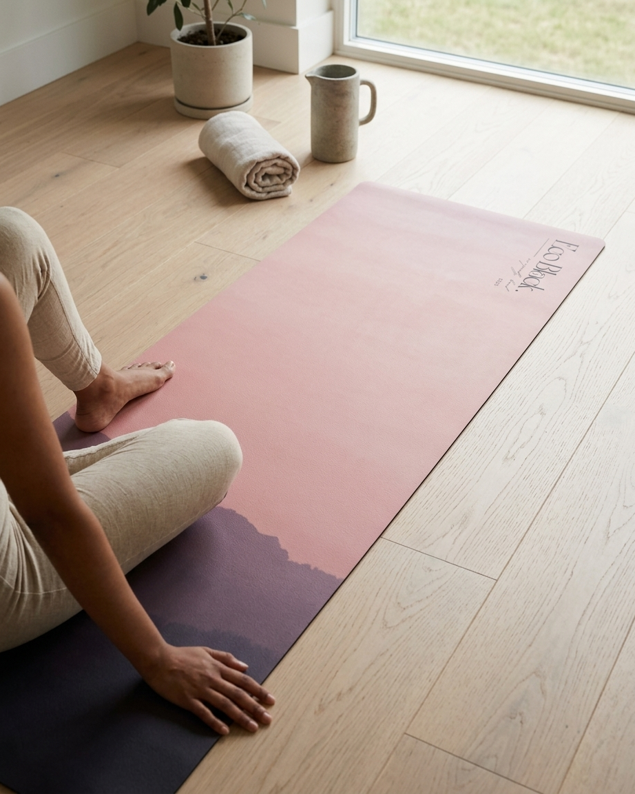 Yoga mat with mauve and purple mountain print, seated posture on top