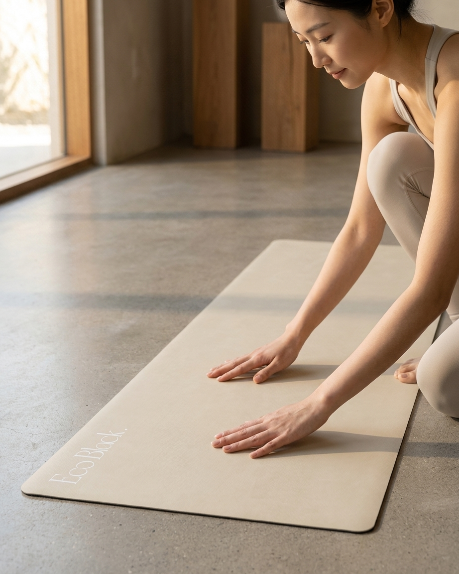 A woman in a yoga pose on a light beige yoga mat in a minimalist indoor studio with concrete floors and wooden walls.