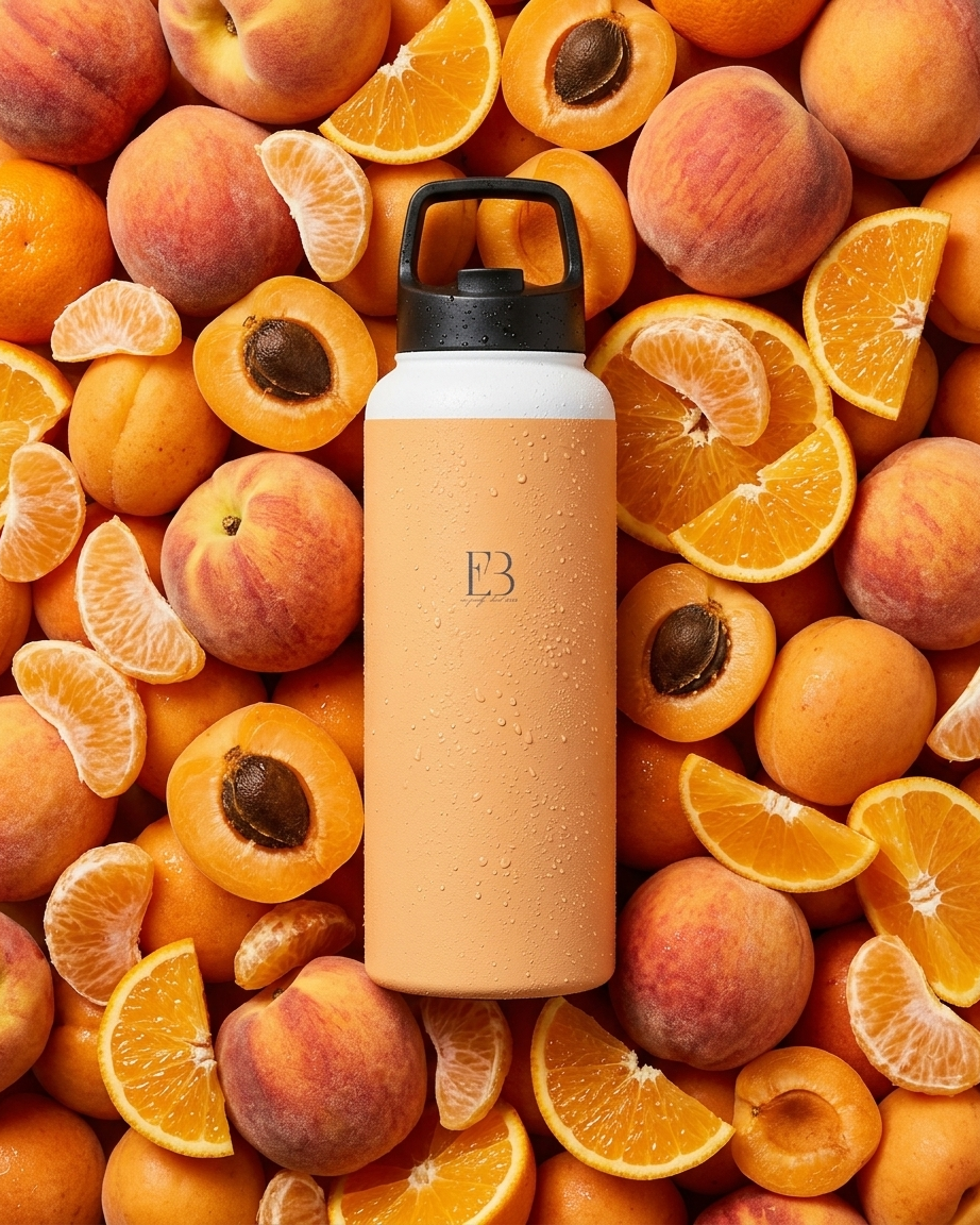 Amber insulated stainless steel water bottle with black lid and B3 logo, condensation beads