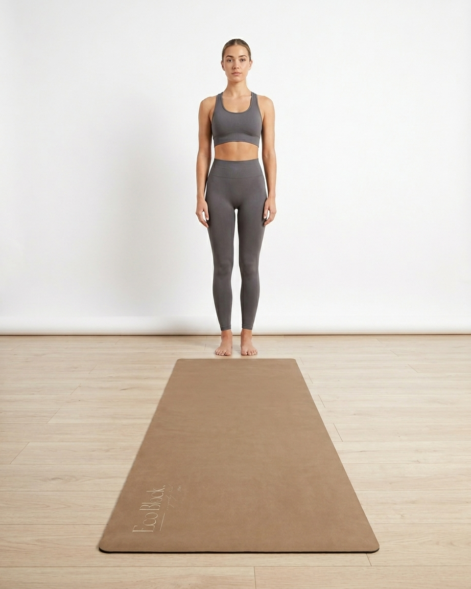 Taupe natural rubber yoga mat with textured top surface