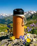 Amber insulated stainless steel water bottle with black lid and side carabiner hook