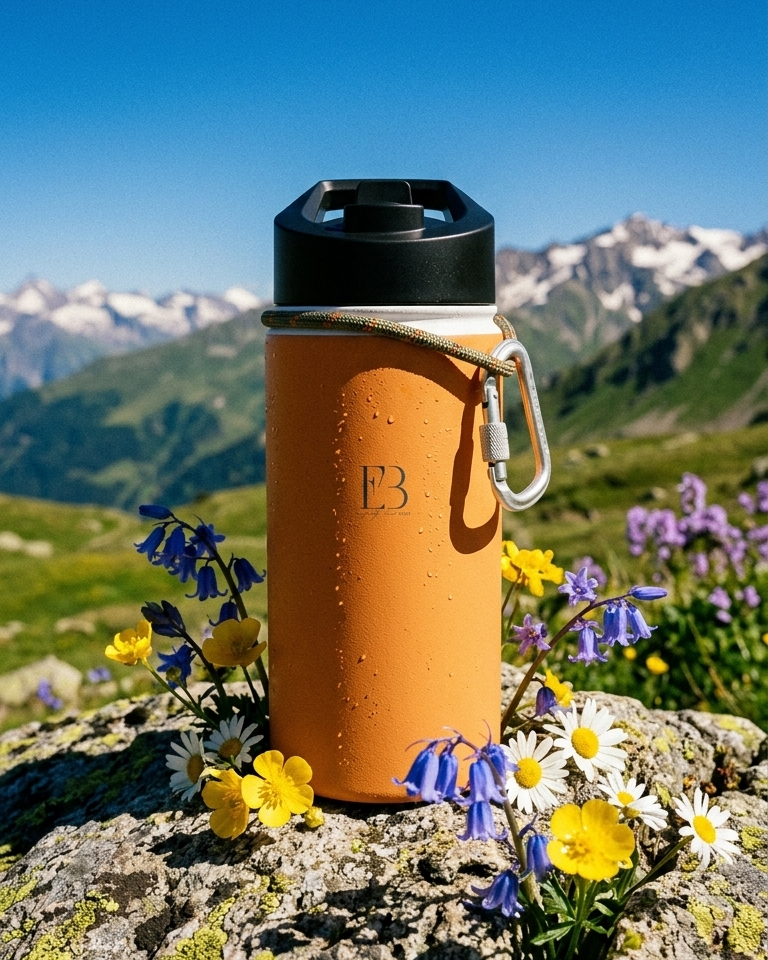 Amber insulated stainless steel water bottle with black lid and side carabiner hook