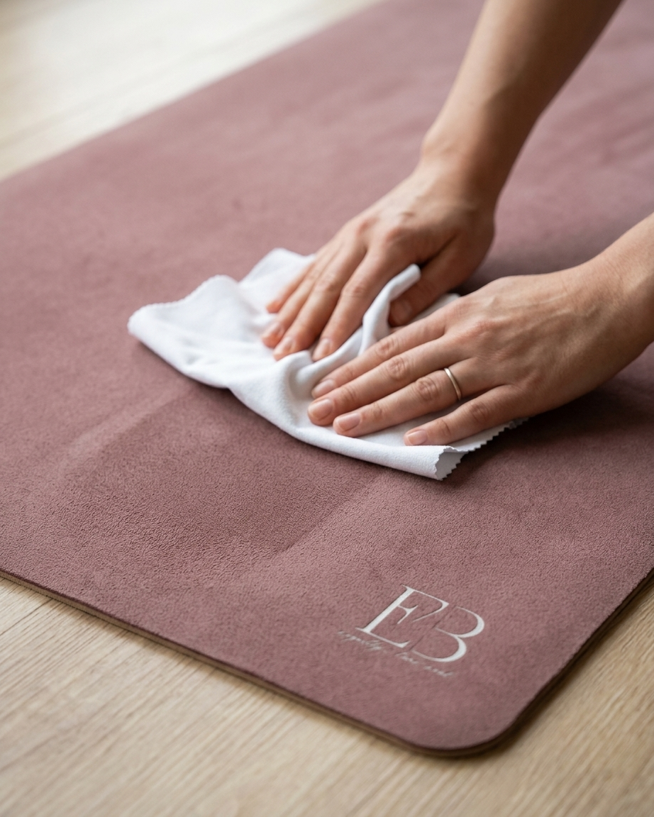 Clay pink performance yoga mat with EB3 logo, wiped clean with a white towel