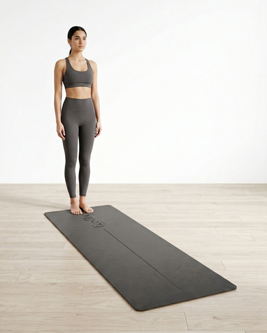 Dark gray yoga mat on wood floor with person standing pose