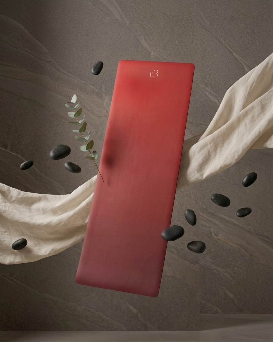 Red yoga mat with embossed logo, smooth rectangular surface