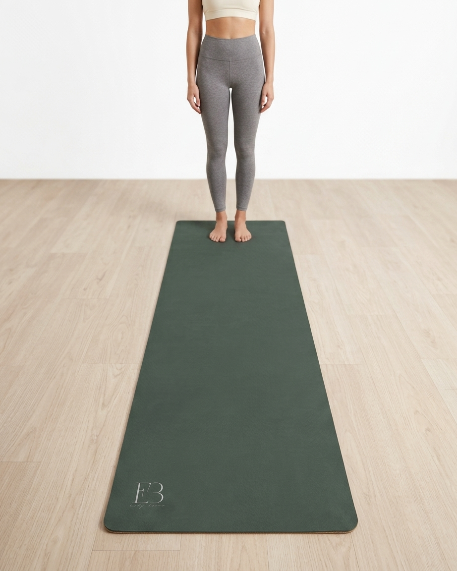 Cypress green yoga mat with B3 logo, flat and centered