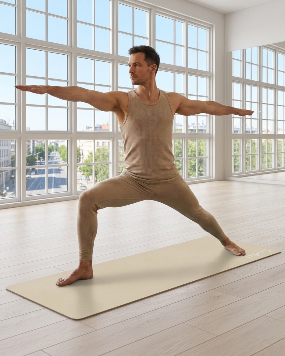 A man in a beige sleeveless tank top and matching leggings performs a yoga pose on a light beige mat in a bright room with large windows and light wood floors.